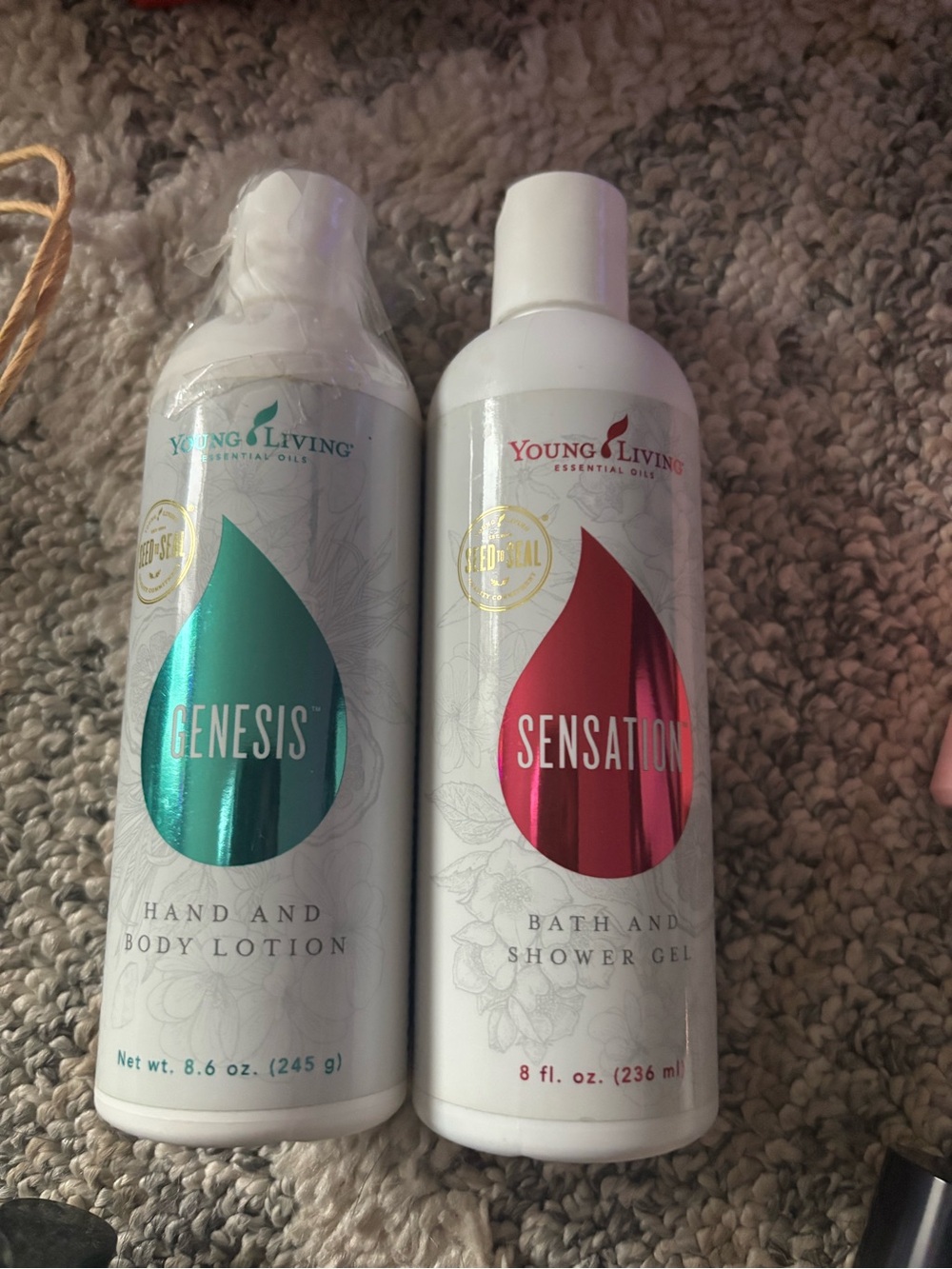 Young Living Genesis (teal) & Sensation (red) Bath + Body Set
